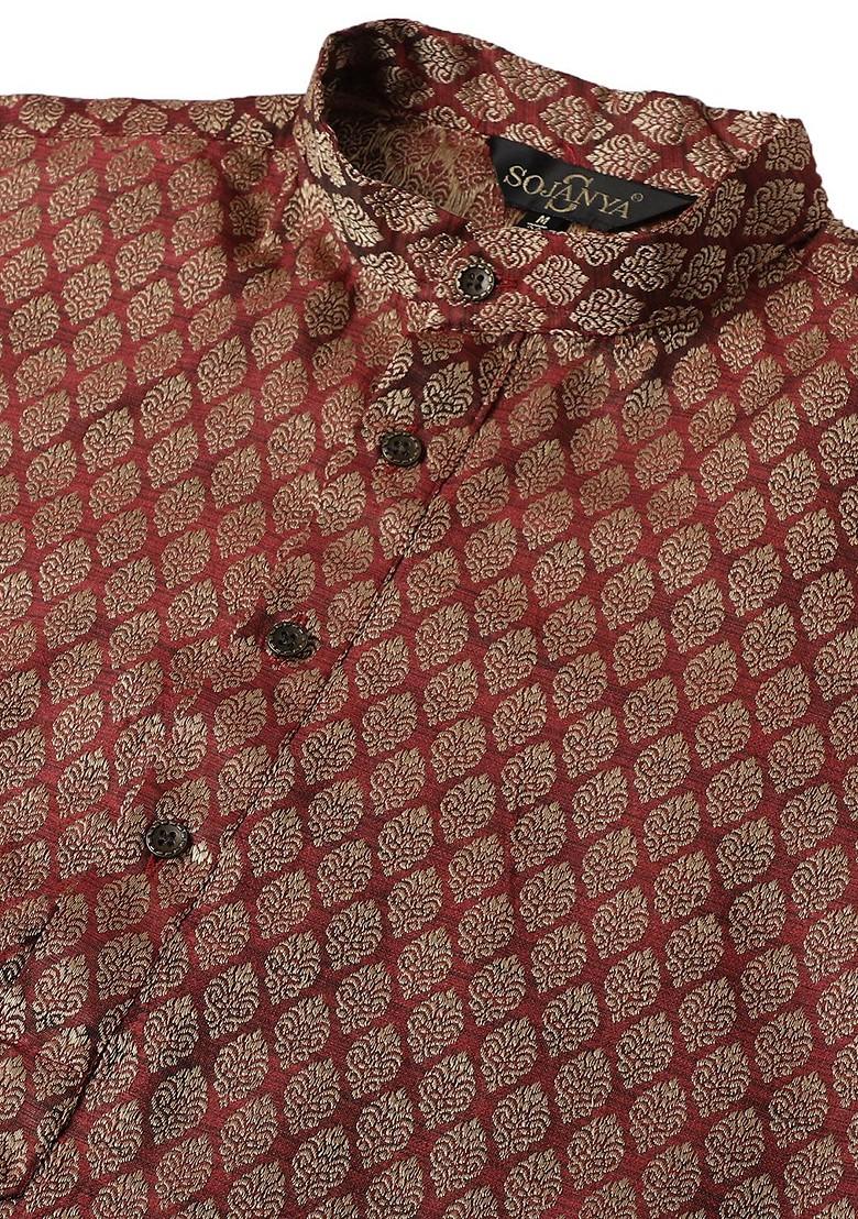 Maroon Ethnic Motifs Jacquard Kurta For Men