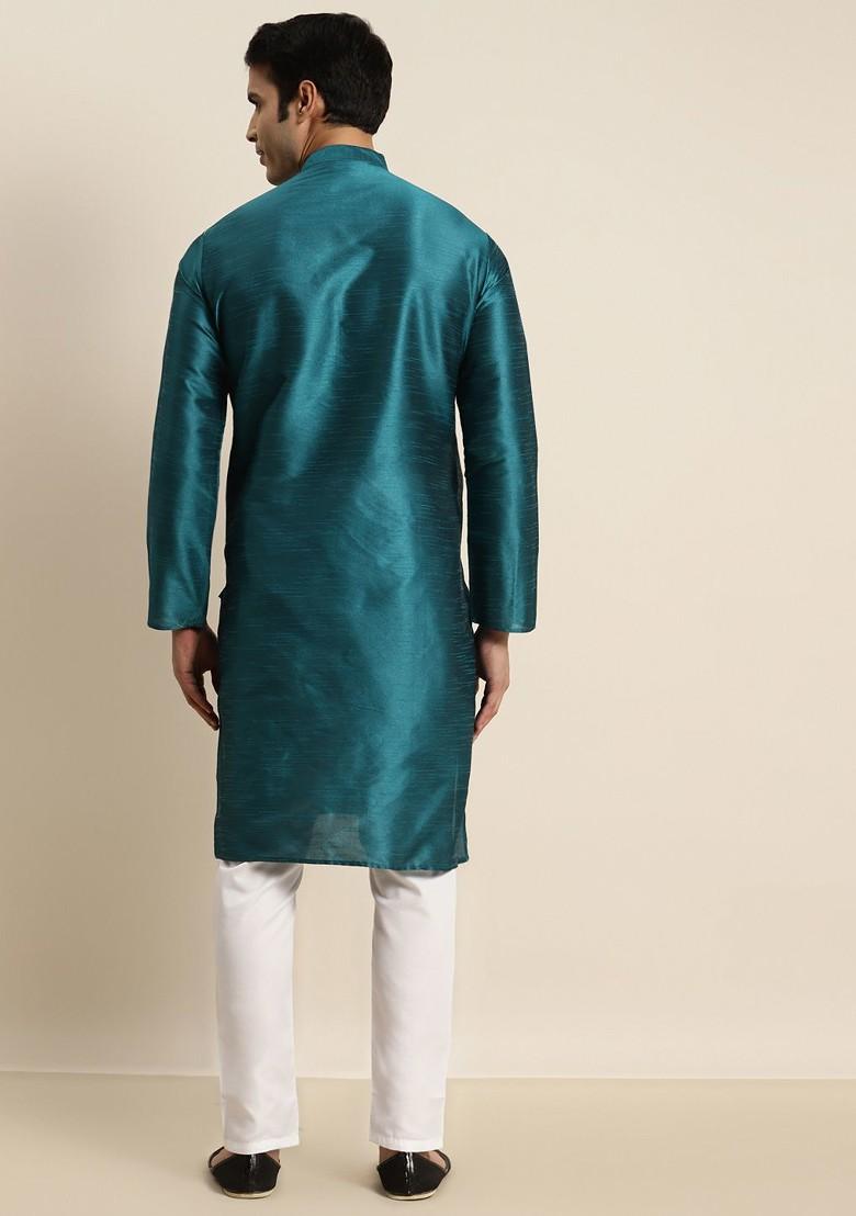 Teal Blue Solid Jacquard Kurta For Men