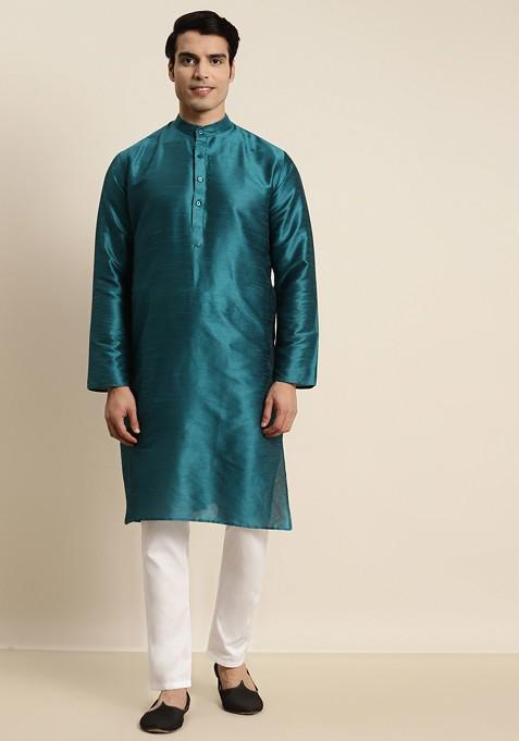 Teal Blue Solid Jacquard Kurta For Men — view on Indya
