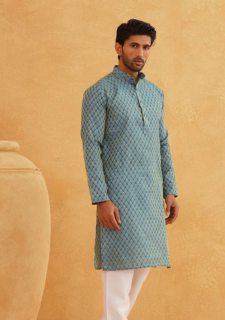 Blue Solid Jacquard Kurta For Men
