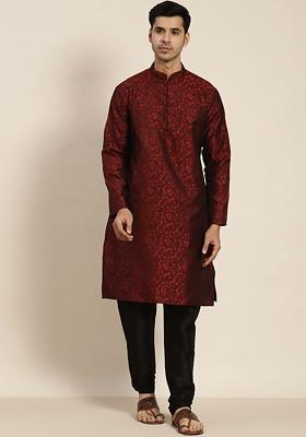 Maroon Solid Jacquard Kurta For Men