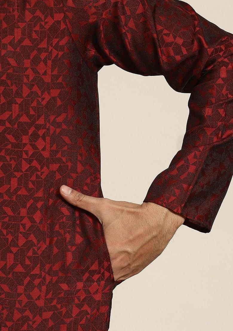 Maroon Solid Jacquard Kurta For Men