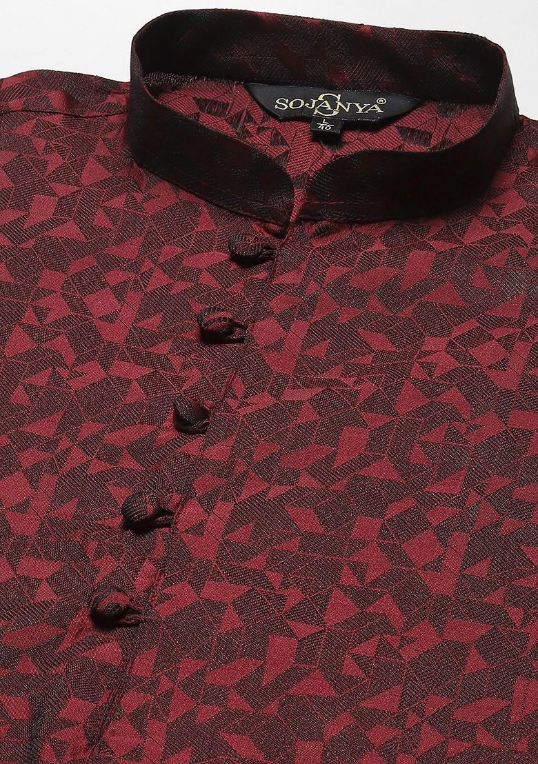 Maroon Solid Jacquard Kurta For Men