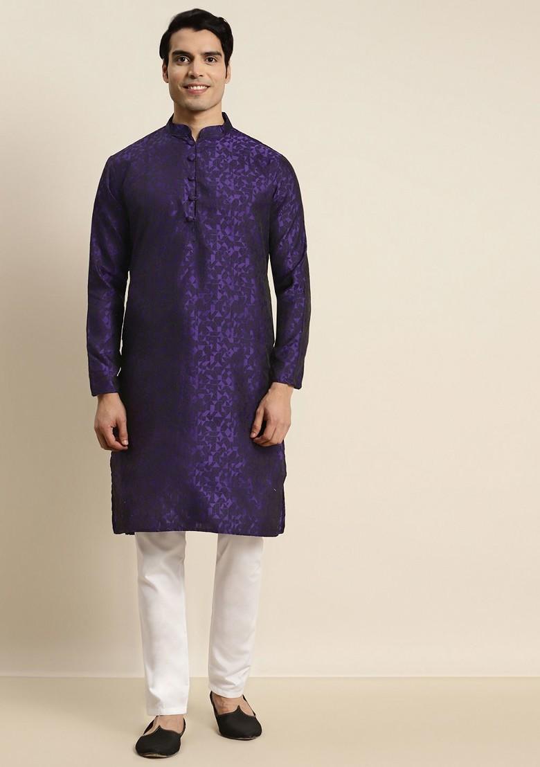 Navy Blue Woven Jacquard Kurta For Men