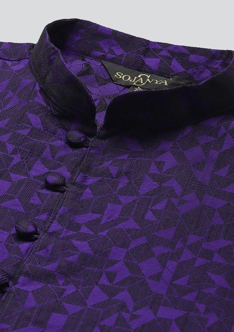 Navy Blue Woven Jacquard Kurta For Men