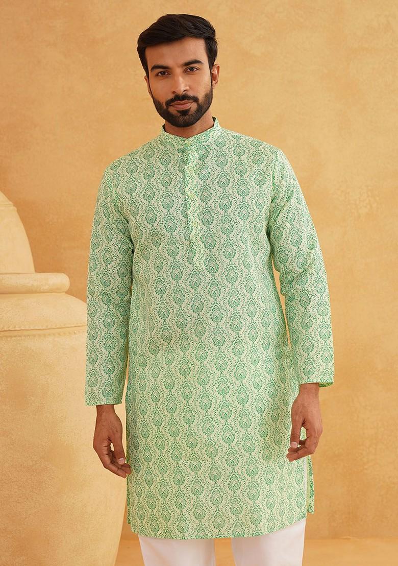 Green Ethnic Motifs Cotton Kurta For Men