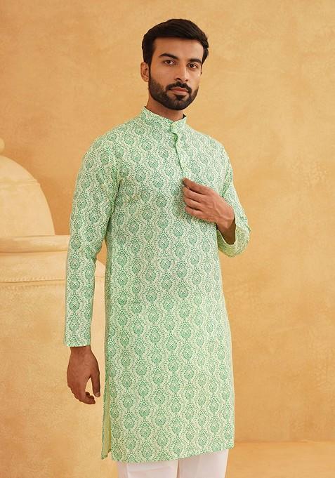 Green Ethnic Motifs Cotton Kurta For Men