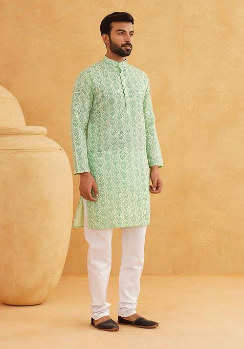 Green Ethnic Motifs Cotton Kurta For Men