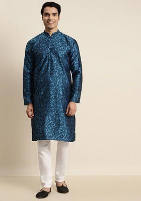 Blue Woven Silk Kurta For Men