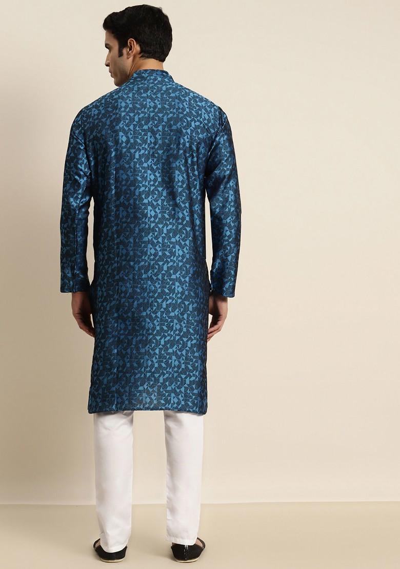 Blue Woven Silk Kurta For Men