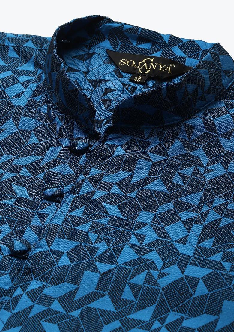 Blue Woven Silk Kurta For Men