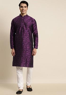 Purple Woven Silk Kurta For Men