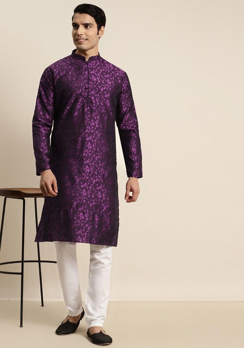 Purple Woven Silk Kurta For Men