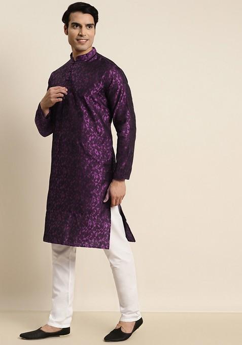 Purple Woven Silk Kurta For Men