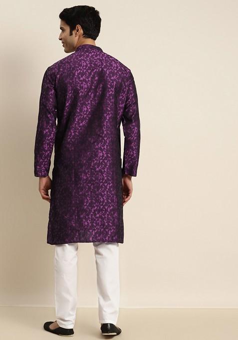Purple Woven Silk Kurta For Men