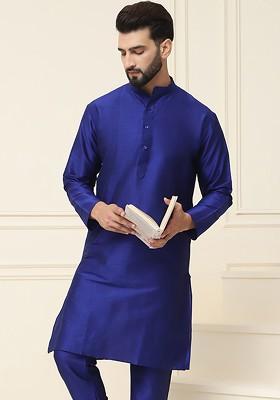 Blue Solid Jacquard Kurta For Men