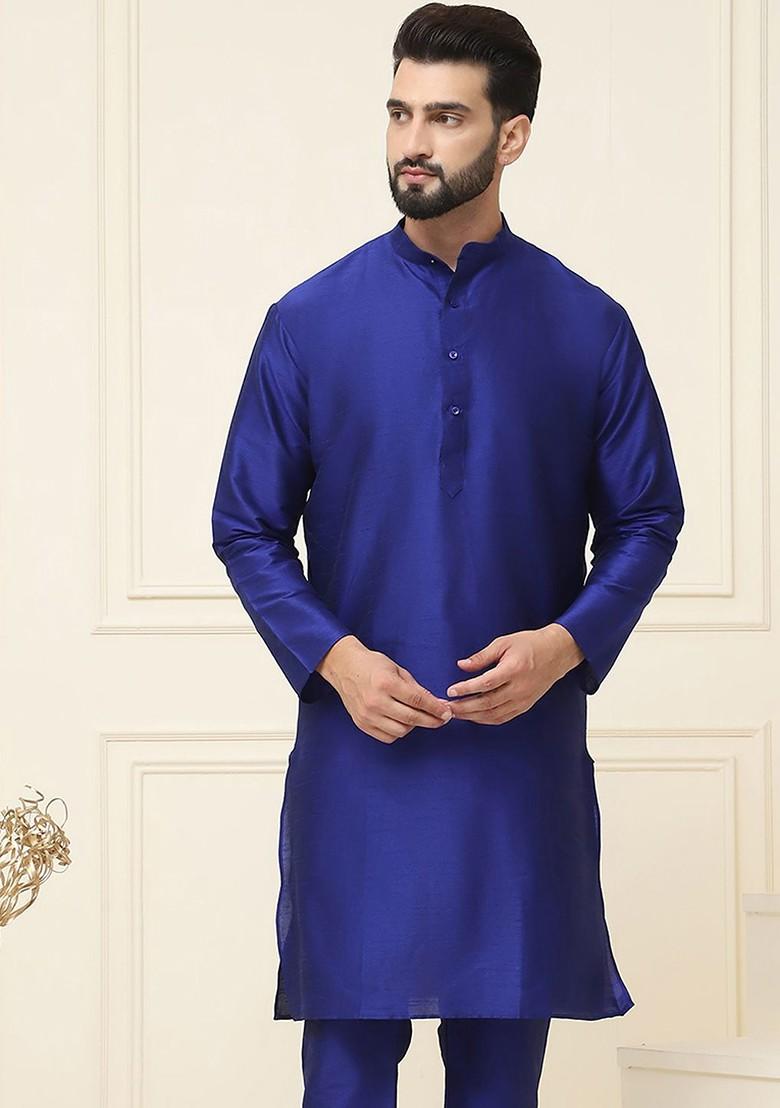 Blue Solid Jacquard Kurta For Men