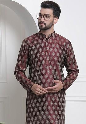 Maroon Woven Jacquard Kurta For Men