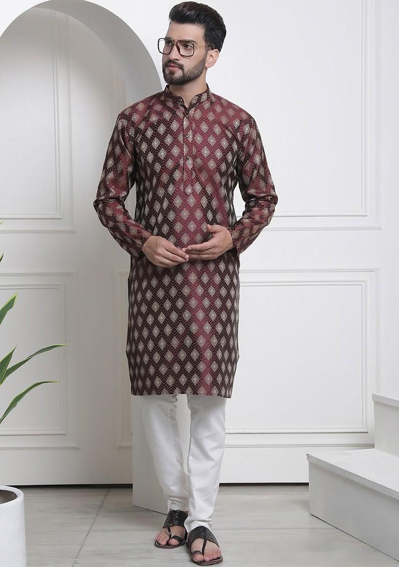 Maroon Woven Jacquard Kurta For Men