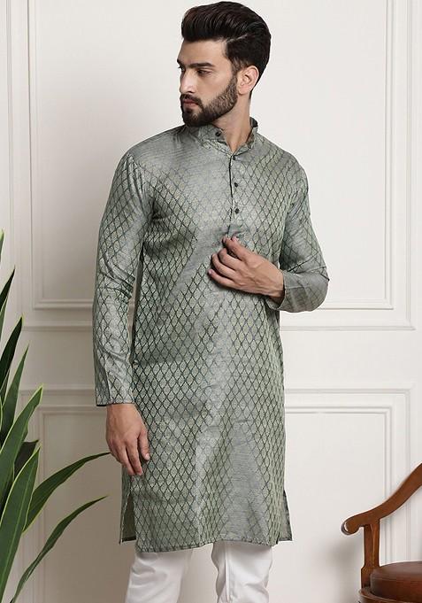 Green Woven Jacquard Kurta For Men