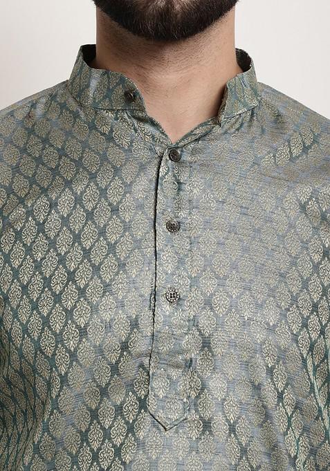 Green Woven Jacquard Kurta For Men