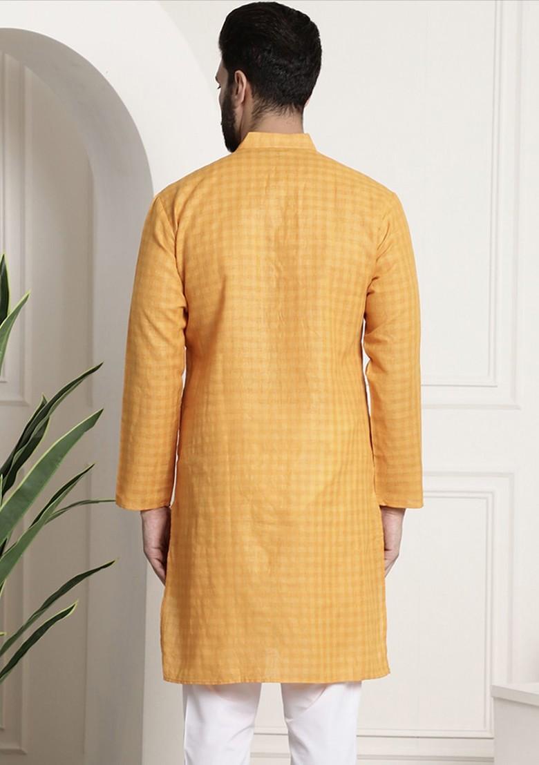 Mustard Checked Cotton Kurta For Men