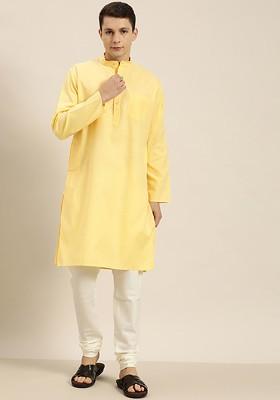 Yellow Solid Poly Blend Kurta For Men