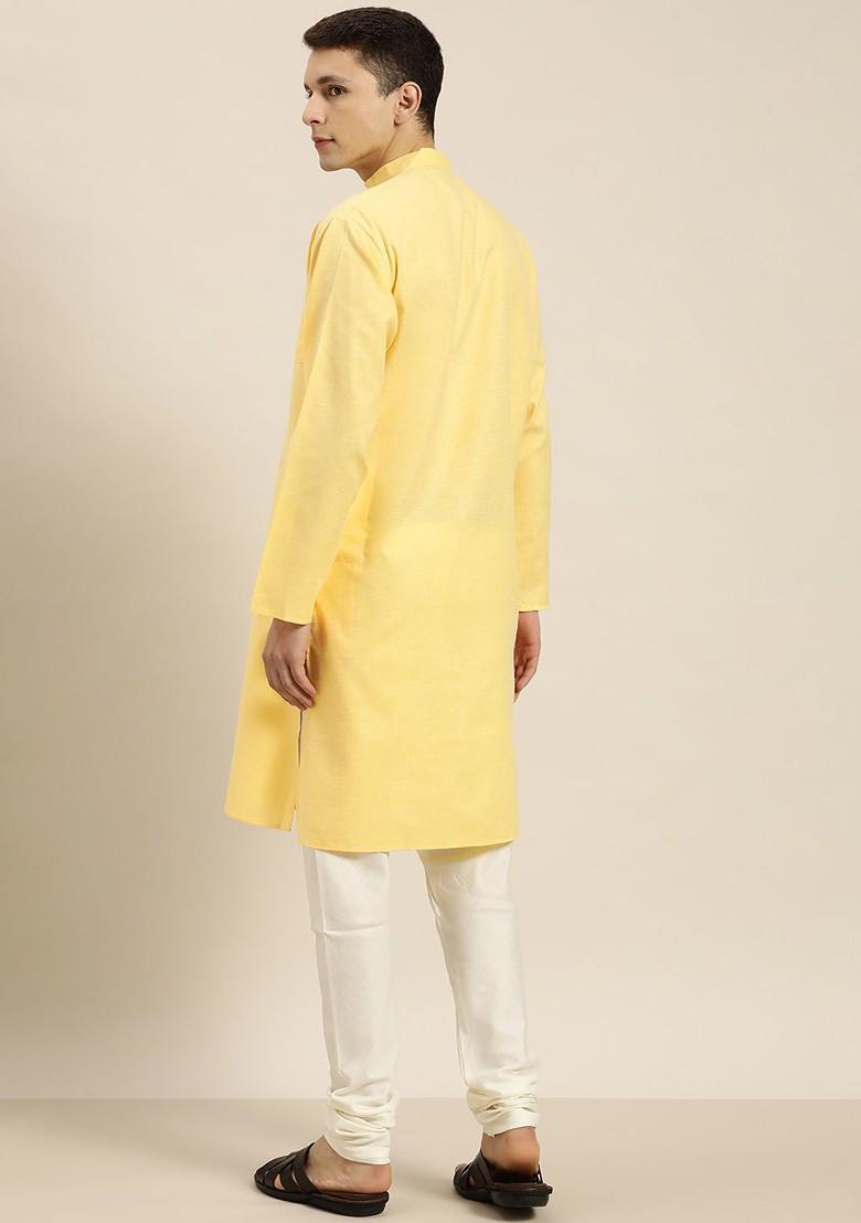 Yellow Solid Poly Blend Kurta For Men