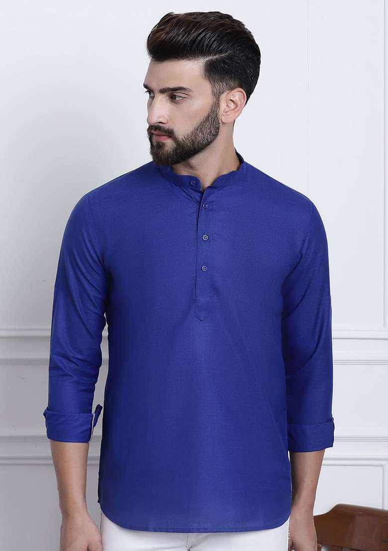 Navy Blue Solid Cotton Kurta For Men - Indya