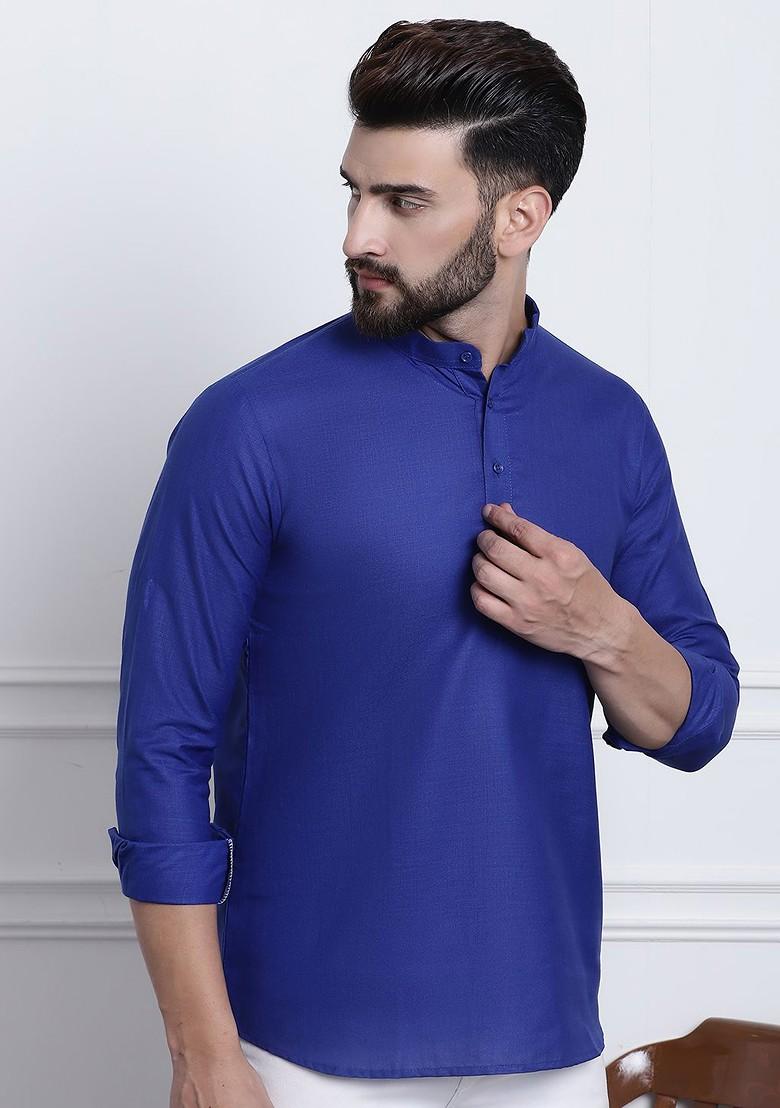 Navy Blue Solid Cotton Kurta For Men