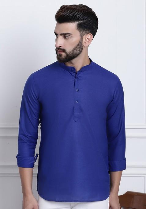 Navy Blue Solid Cotton Kurta For Men — view on Indya