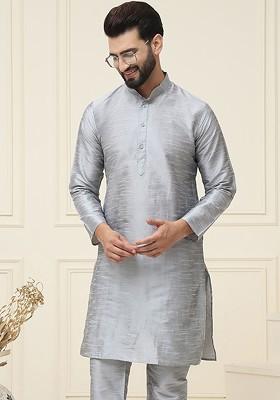 Grey Solid Jacquard Kurta For Men