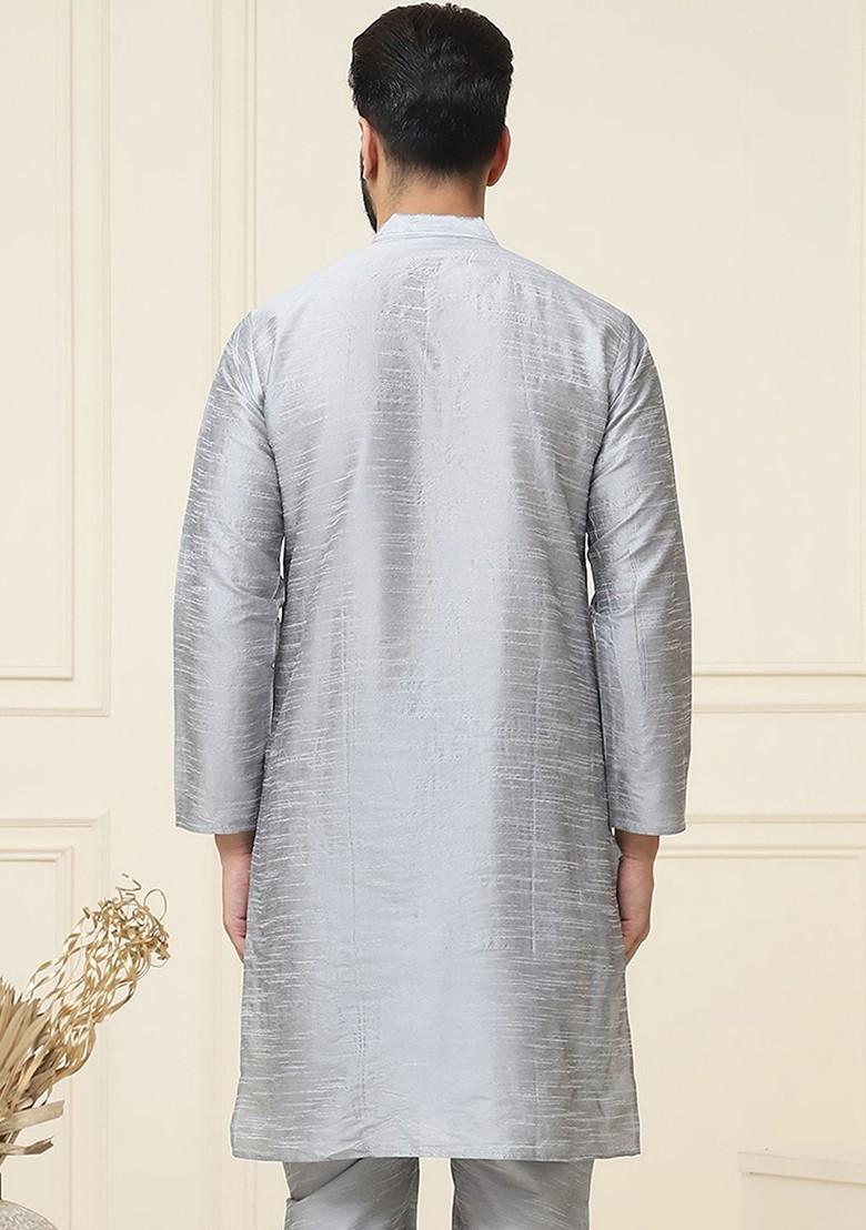 Grey Solid Jacquard Kurta For Men