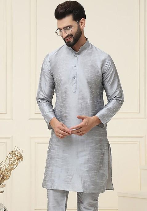 Grey Solid Jacquard Kurta For Men