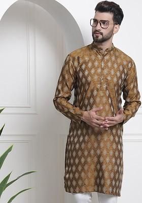 Mustard Woven Jacquard Kurta For Men