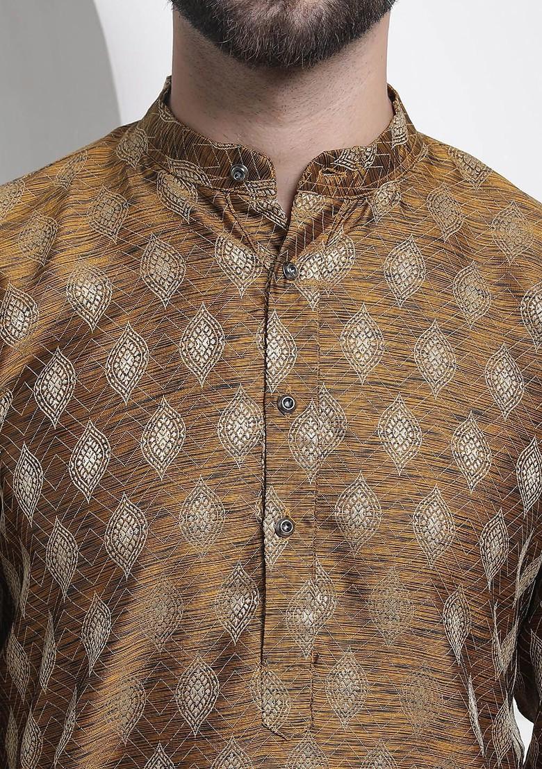 Mustard Woven Jacquard Kurta For Men