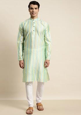 Green Striped Jacquard Kurta For Men