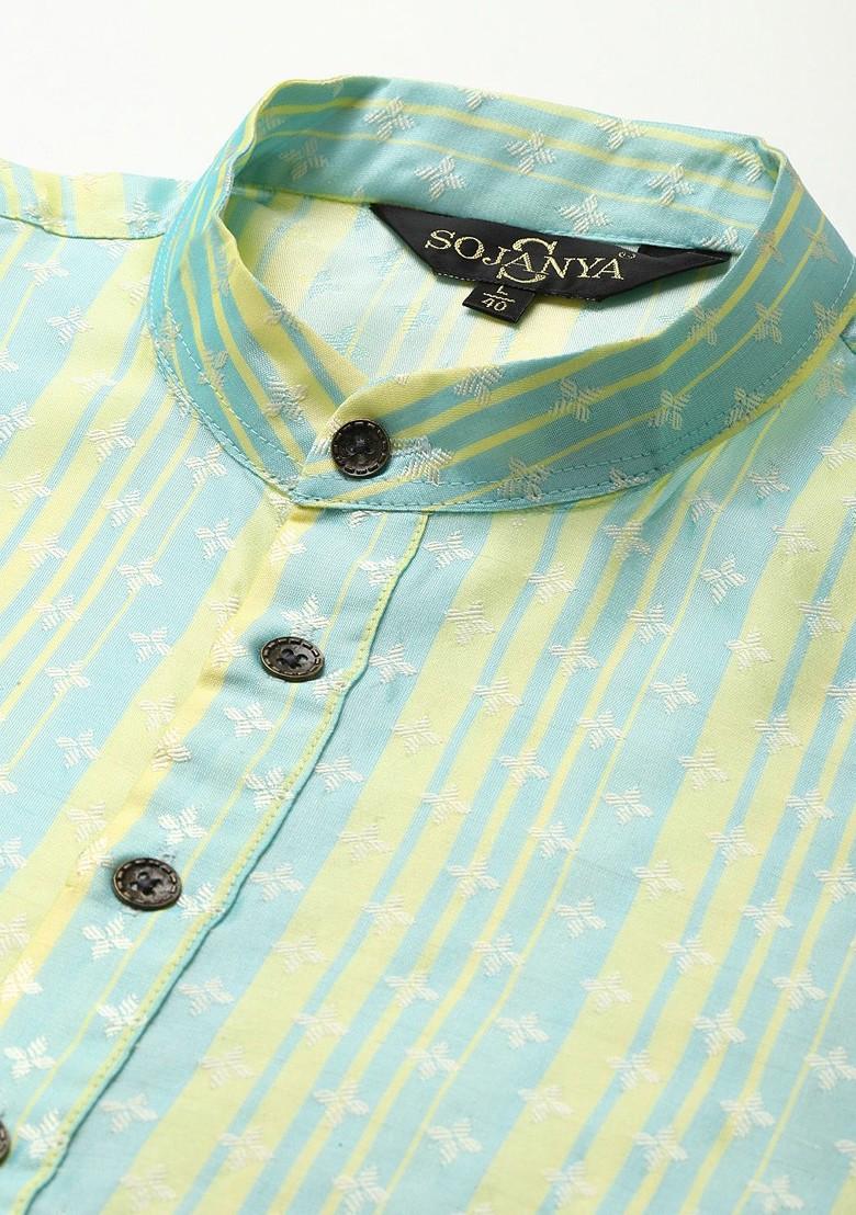 Green Striped Jacquard Kurta For Men