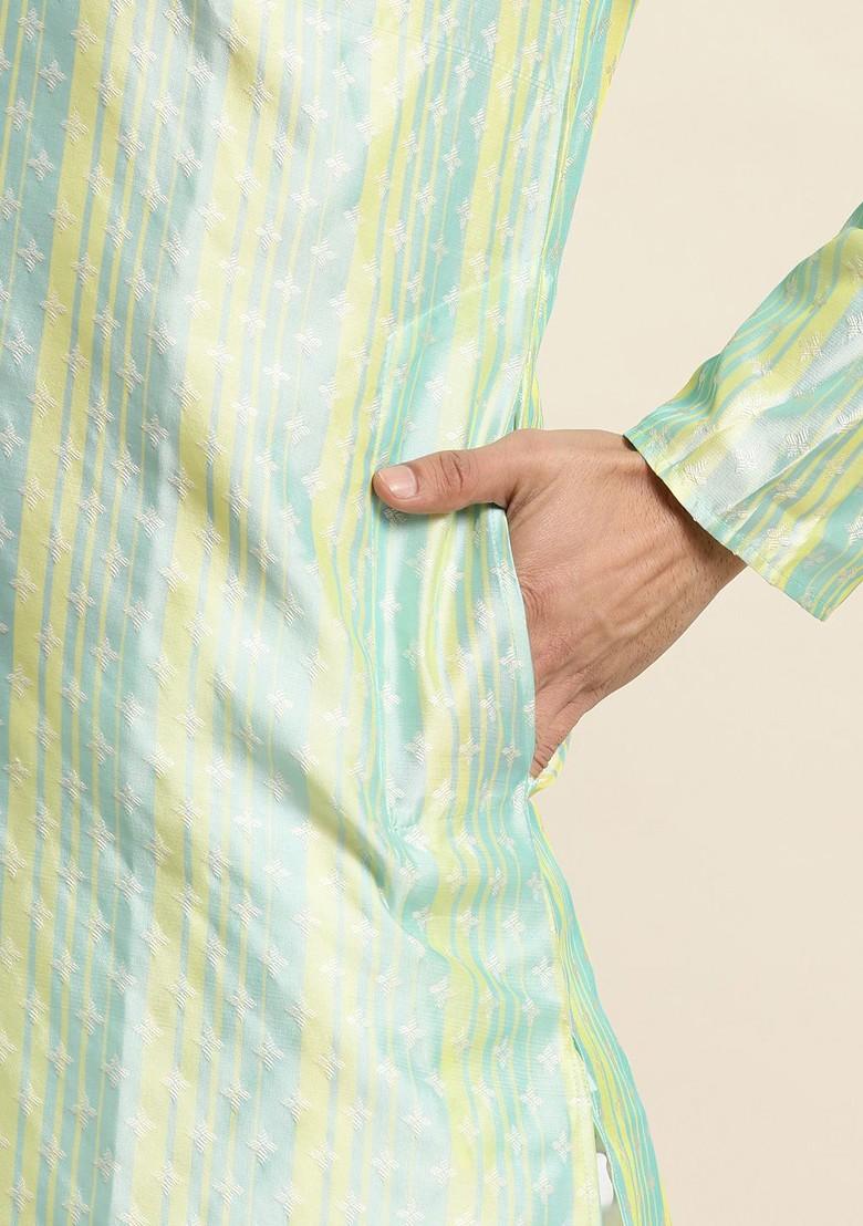 Green Striped Jacquard Kurta For Men