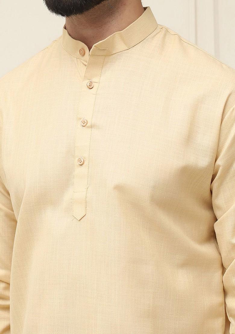 Beige Solid Cotton Kurta For Men