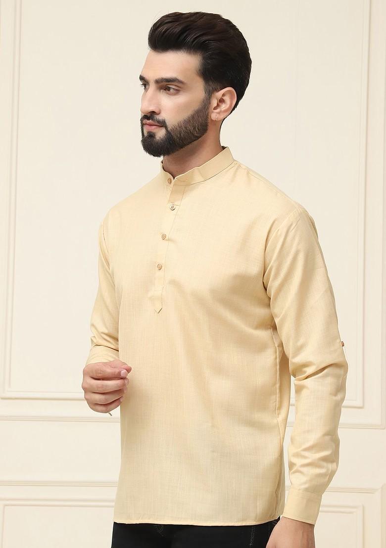 Beige Solid Cotton Kurta For Men