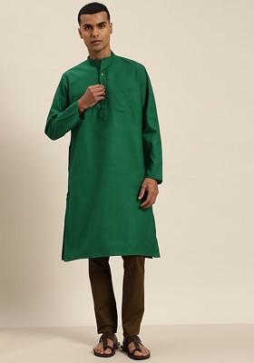 Green Solid Poly Blend Kurta For Men