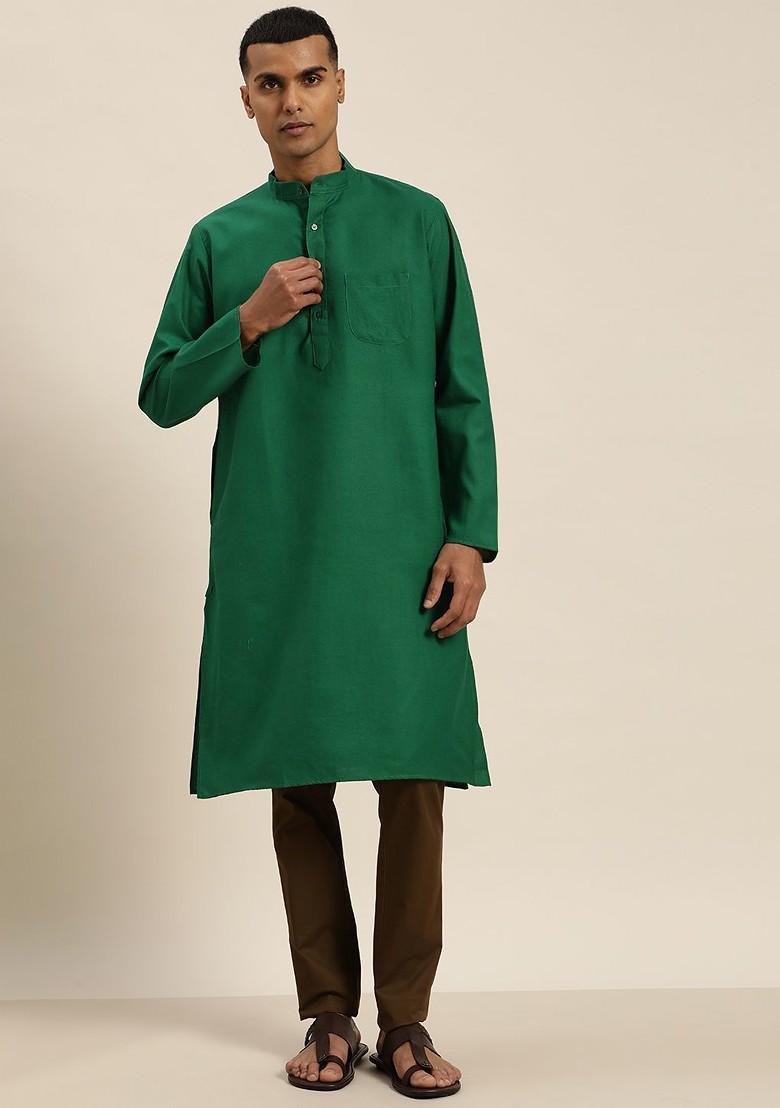 Green Solid Poly Blend Kurta For Men