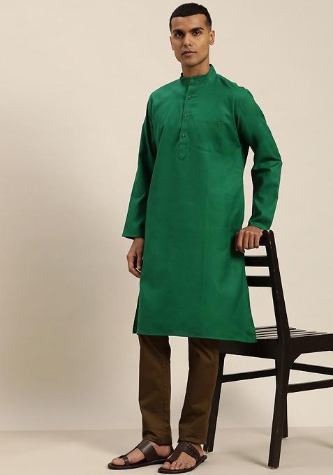 Green Solid Poly Blend Kurta For Men