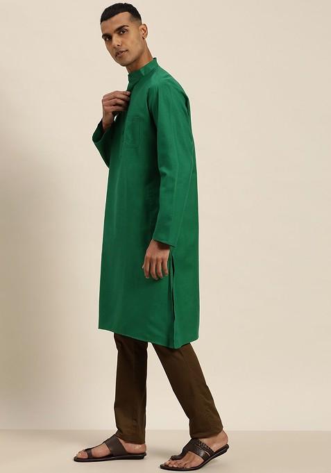 Green Solid Poly Blend Kurta For Men