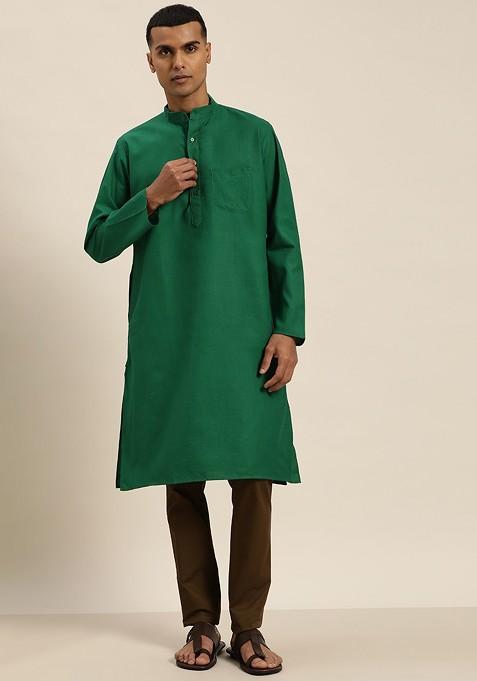 Green Solid Poly Blend Kurta For Men