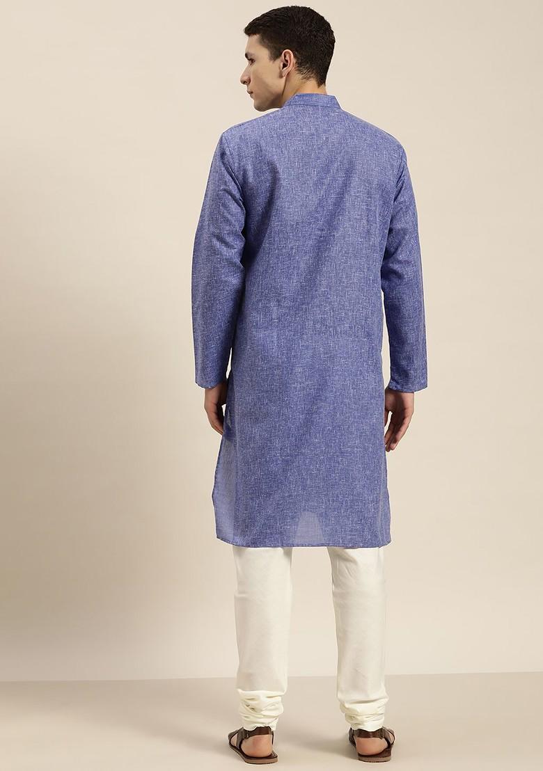Blue Solid Poly Blend Kurta For Men