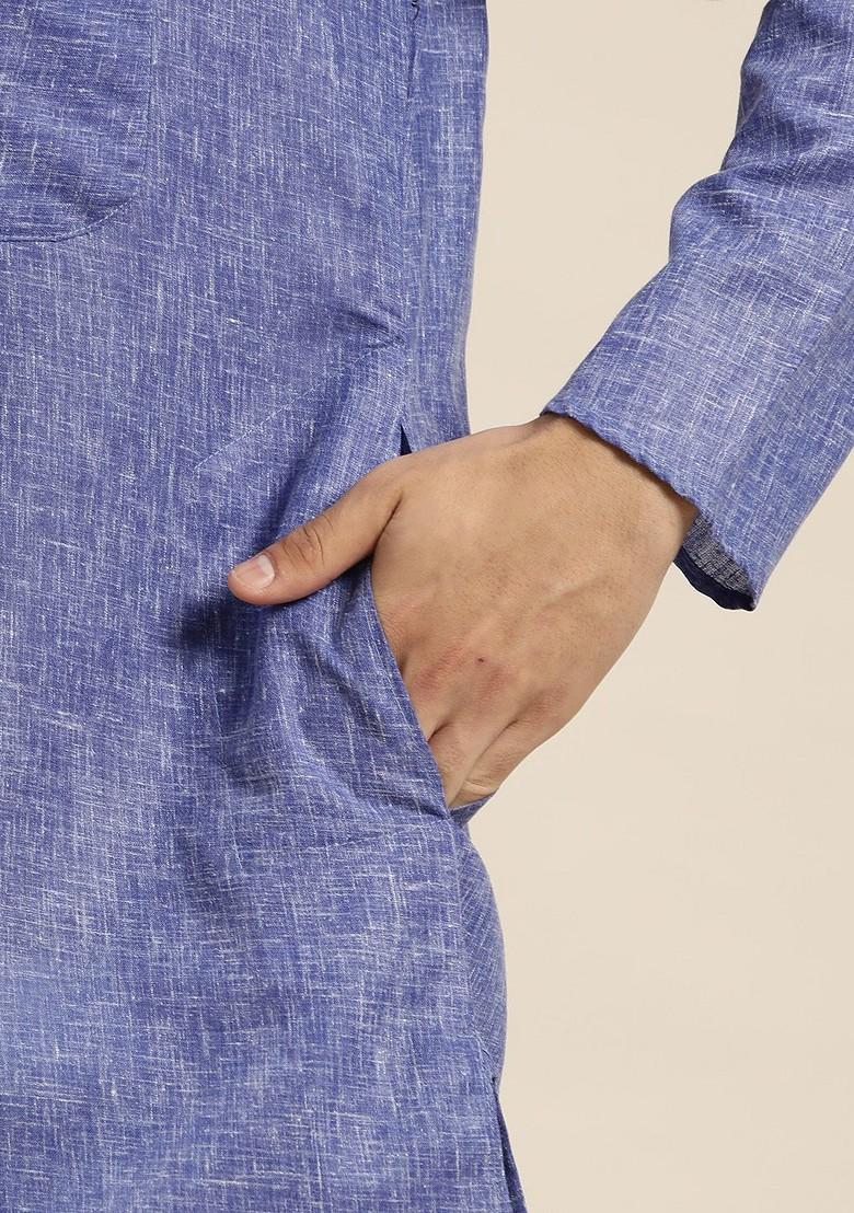 Blue Solid Poly Blend Kurta For Men
