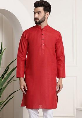 Red Checked Cotton Kurta For Men
