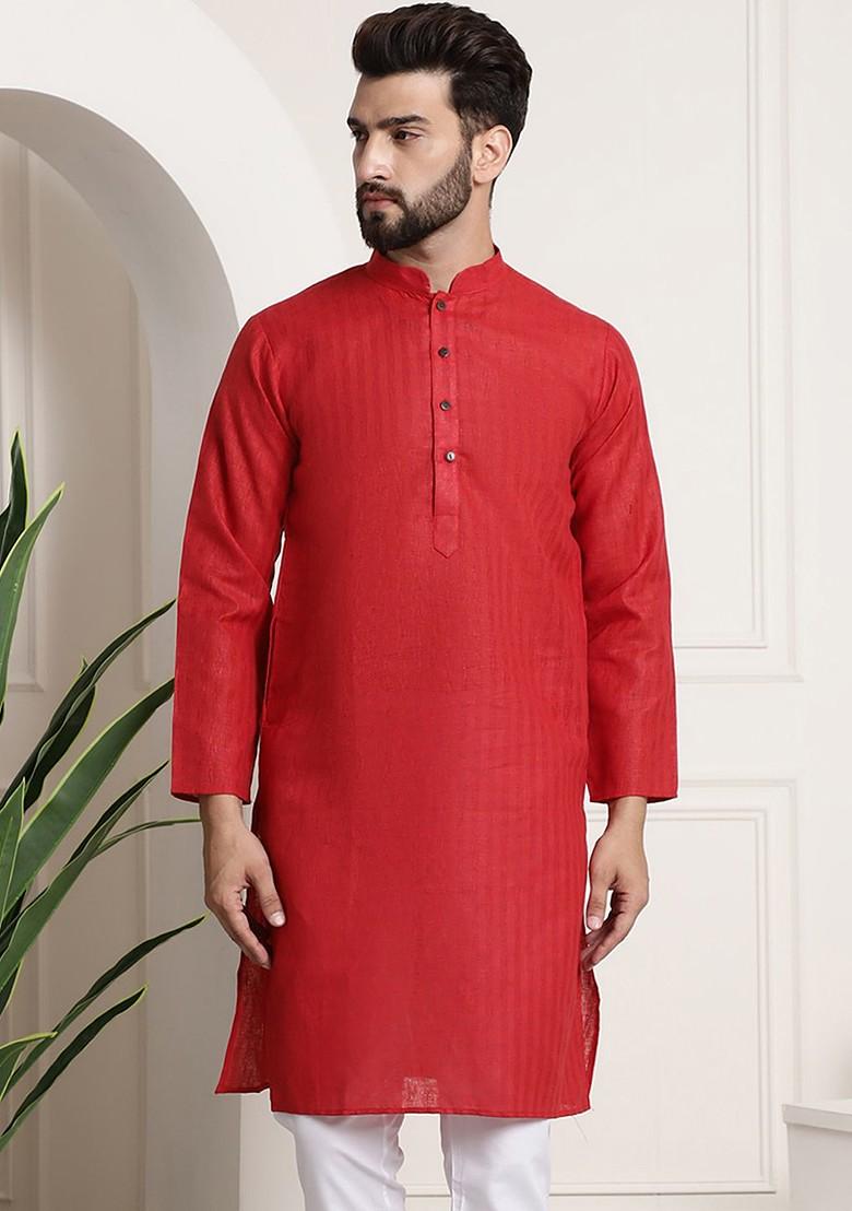 Red Checked Cotton Kurta For Men